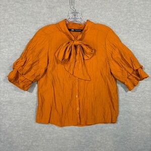 Zara Orange Tie Neck Ruffle Sleeve Textured Button Down Blouse Womens‎ Small